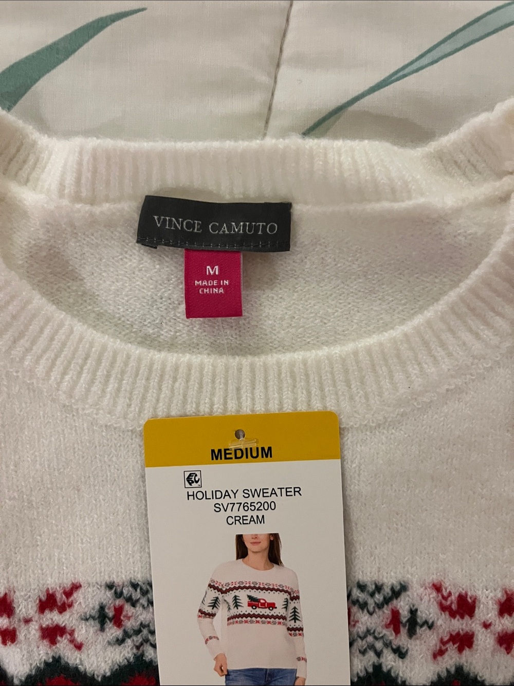 Vince Camuto Cream Knit Crewneck with Red Truck and Green Tree Motif - Picture 3 of 6
